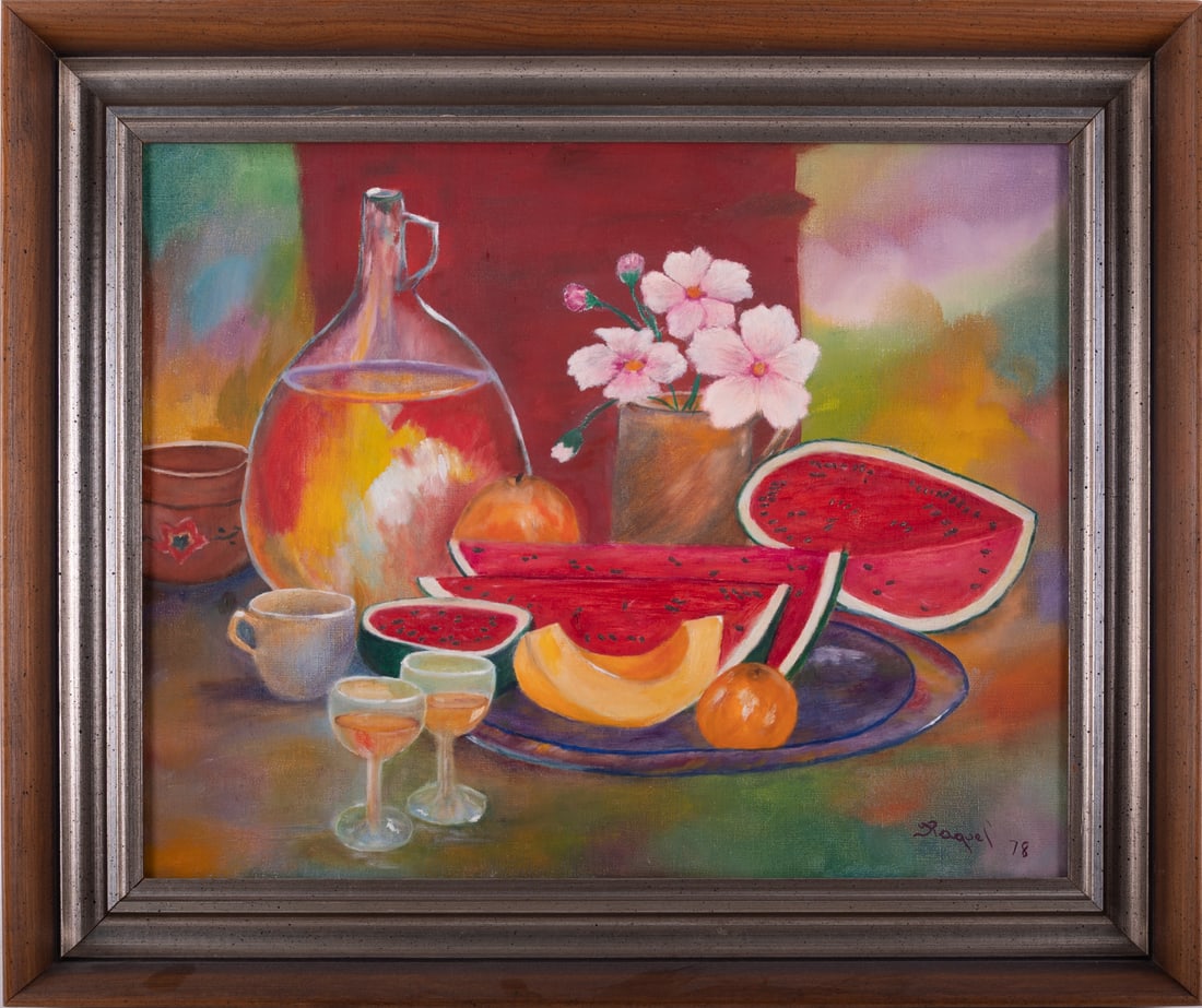 Vintage Modernist Oil On Canvas "Fruits": Title: Fruits Medium: Oil On Canvas Size: 16 x 20 inches Frame: 20 x 24 inches Age: Vintage Condition: Item is in excellent condition. Signature: Raquel, 78 Provenance: Collection from Estate in Flush