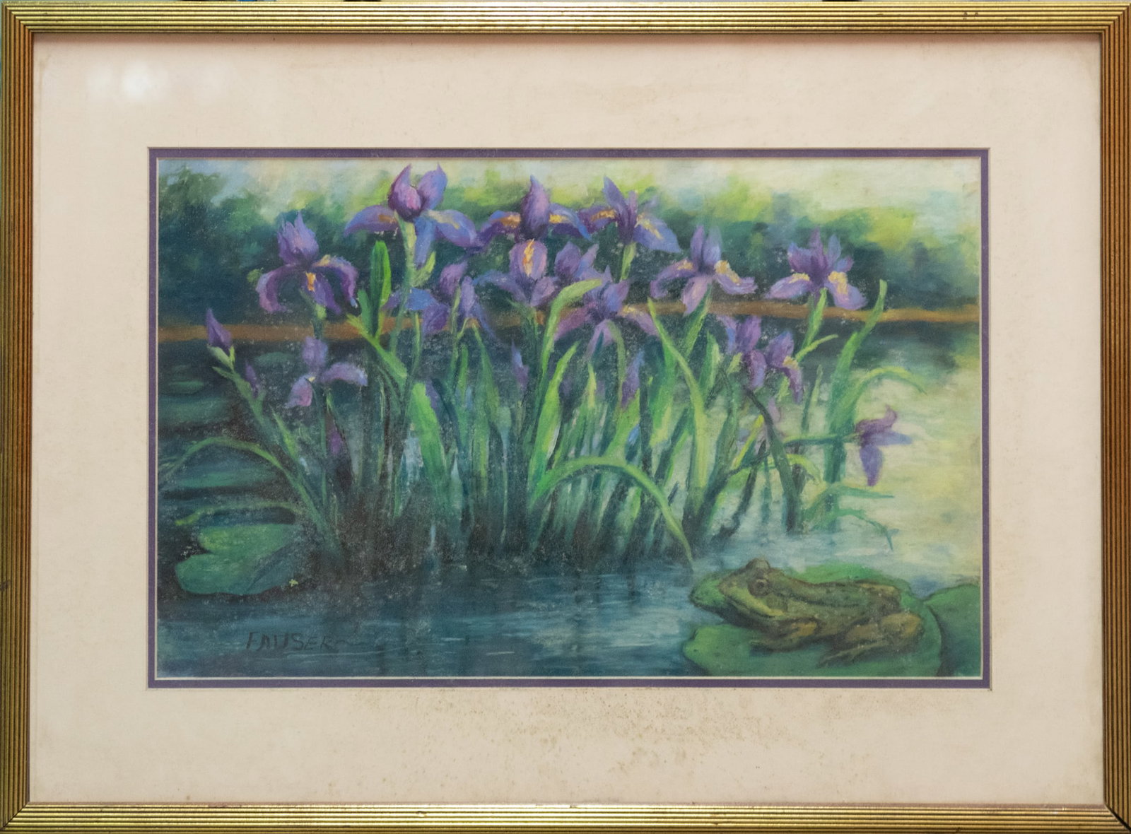 Vintage Impressionist Pastel On Paper "Iris And Frog" (1 of 10)