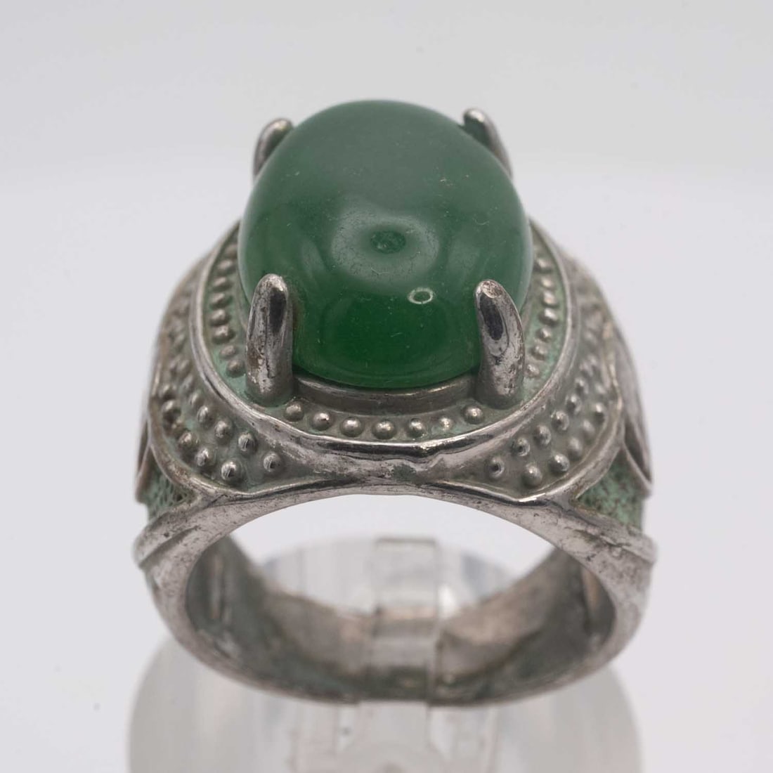 Vintage Silver Tone Cabochon Jade Ring (1 of 5)