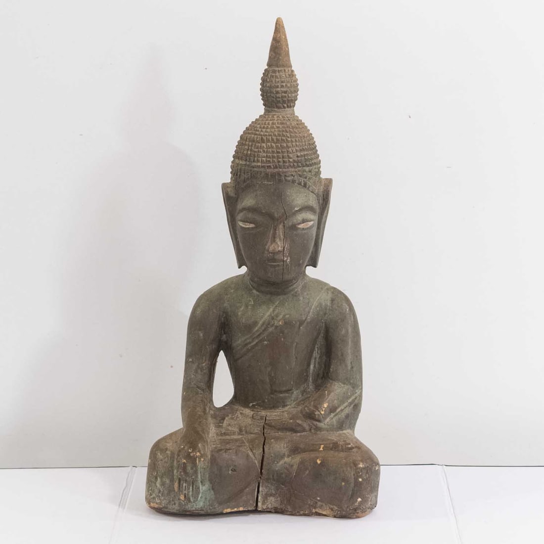 Antique Southeast Asia Wood Seated Buddha Sculpture: Medium: Wood Size: 8.5x5.5x17.5 inches Age/Detail: Antique Southeast Asia Condition: great overall, check photo for condition reference. Provenance: Collection from Estate in Williamsburg LiveShipping