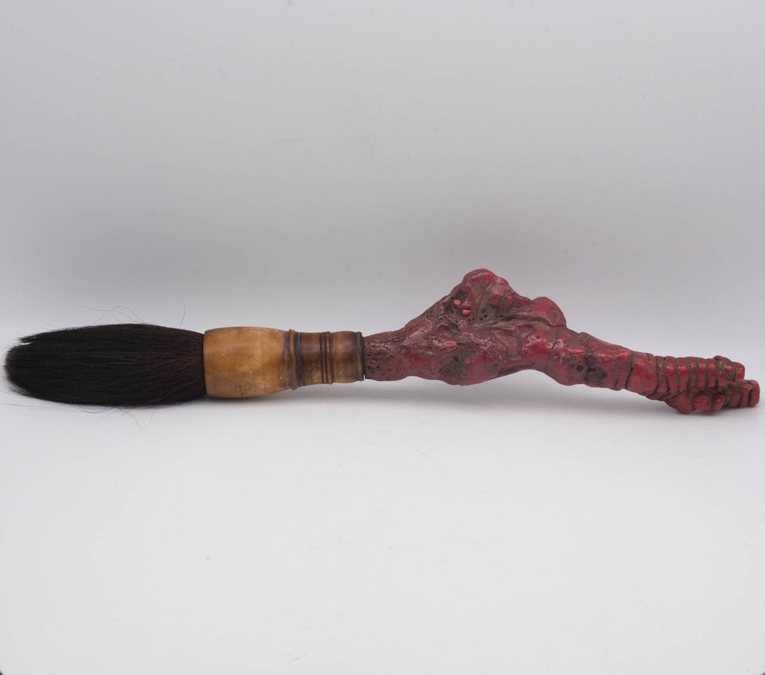 Old Chinese Red Finish Root Scholar Ink Brush: Medium: Red Finish Root Size: 16x3x1.5 inches Age/Detail: Old Chinese Condition: great overall, check photo for condition reference. Provenance: Collection from Estate in Williamsburg LiveShipping is 