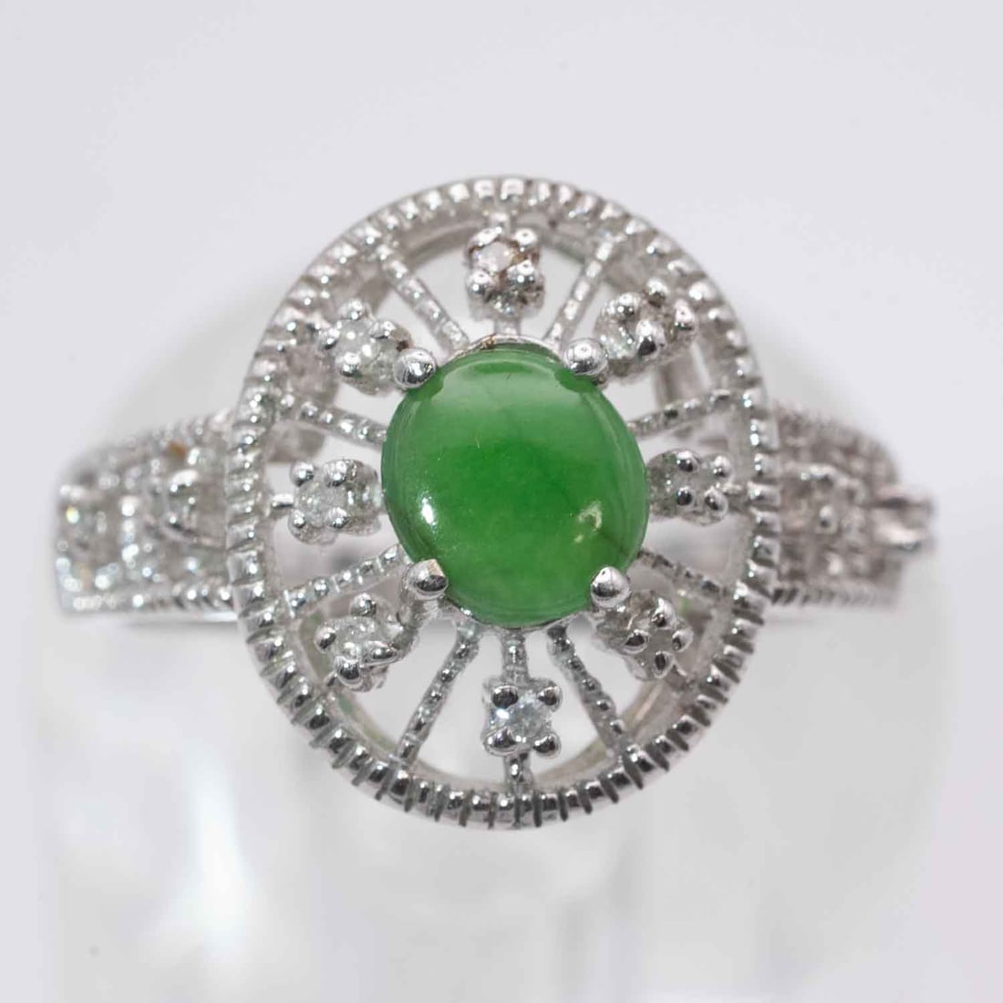Vintage 14k White Gold Icy Jadeite And Diamond Ring: Medium: Icy Jadeite And Diamond Size: US7, 3.6gram Age/Detail: Vintage 14k White Gold Condition: great overall, check photo for condition reference. Provenance: Collection from Estate in Williamsburg 