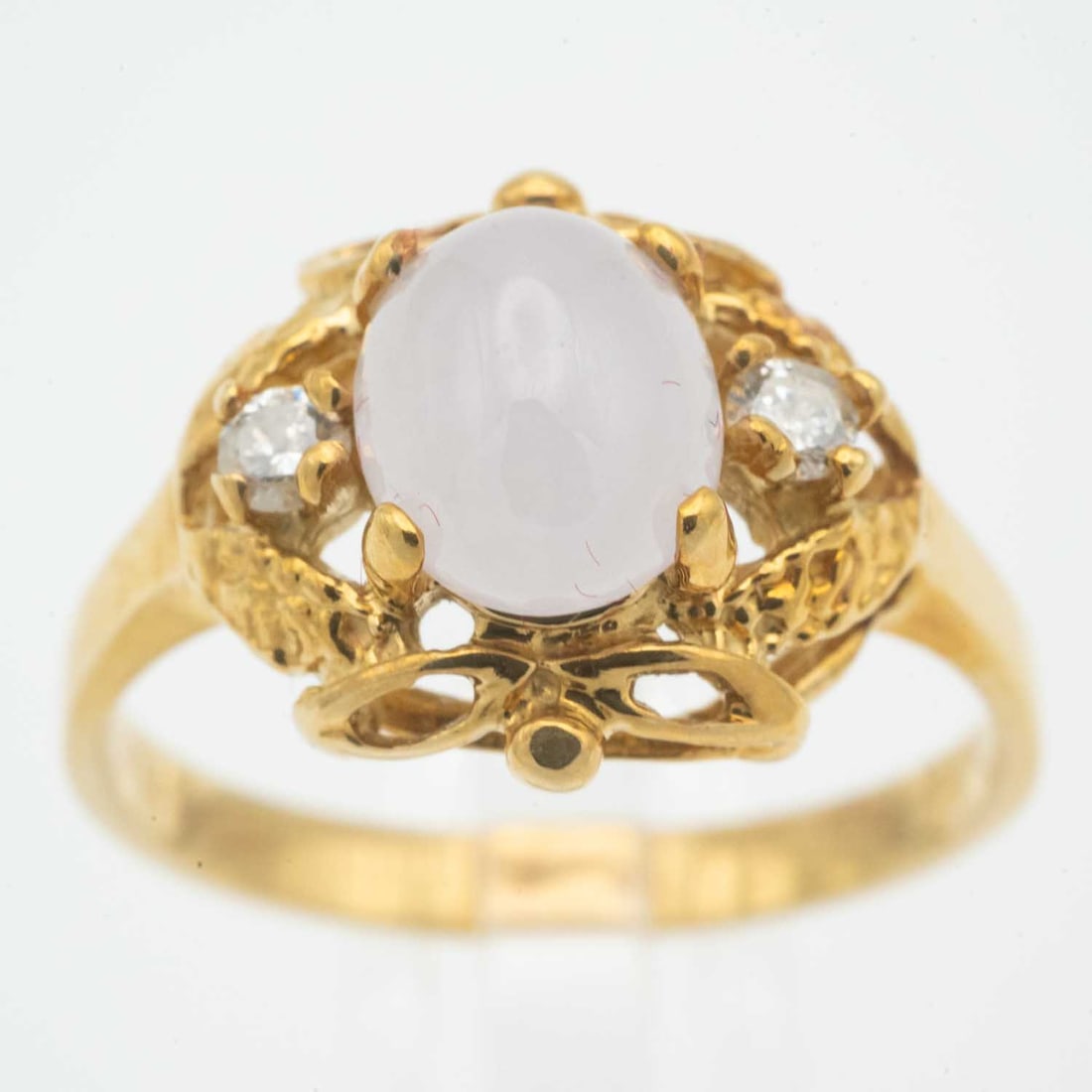 14K Gold And Diamond Cabochon White Jadeite Ring: Medium: Cabochon White Jadeite Size: US 6.5, 3.1 gram Age/Detail: 14K Gold And Diamond Condition: Great, check photo for detail Provenance: Collection from Estate in Tribecca Please view all the photo