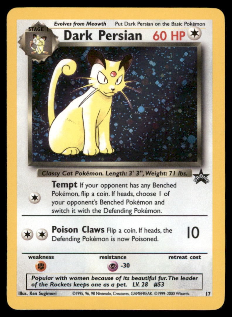 Dark Persian 17 Wizards Black Star Promos Pokemon Card Holo: We offer combined shipping on multiple items. Buyers may also arrange their own shipping. LiveShipping is a separate and independent option for shipping that is NOT a part of the auction house or thei