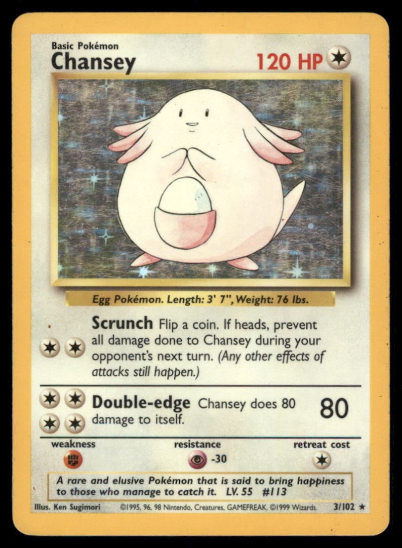 Chansey 3/102 Holo Base Set Unlimited Pokemon Card Holo: We offer combined shipping on multiple items. Buyers may also arrange their own shipping. LiveShipping is a separate and independent option for shipping that is NOT a part of the auction house or thei
