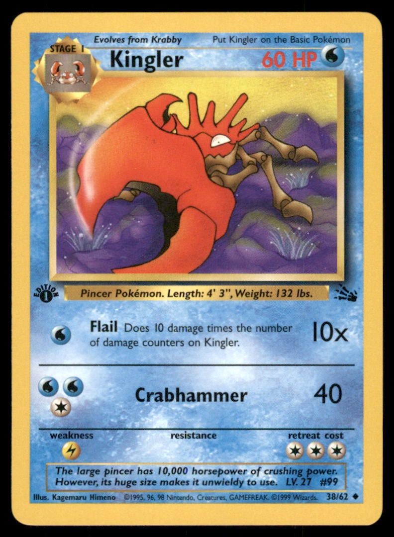 Kingler 38/62 Fossil Pokemon Card 1st Edition: We offer combined shipping on multiple items. Buyers may also arrange their own shipping. LiveShipping is a separate and independent option for shipping that is NOT a part of the auction house or thei