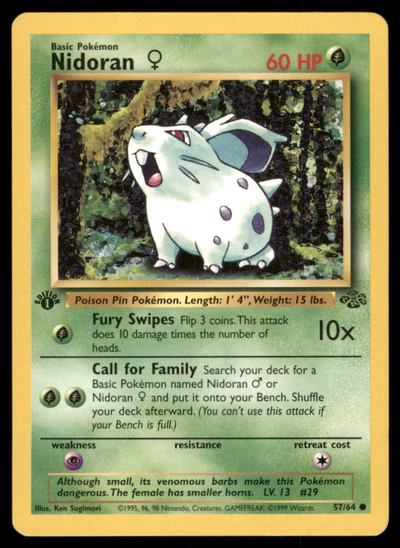 Nidoran F 57/64 Jungle Pokemon Card 1st Edition: We offer combined shipping on multiple items. Buyers may also arrange their own shipping. LiveShipping is a separate and independent option for shipping that is NOT a part of the auction house or thei