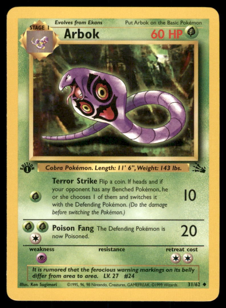 Arbok 31/62 Fossil Pokemon Card 1st Edition: We offer combined shipping on multiple items. Buyers may also arrange their own shipping. LiveShipping is a separate and independent option for shipping that is NOT a part of the auction house or thei