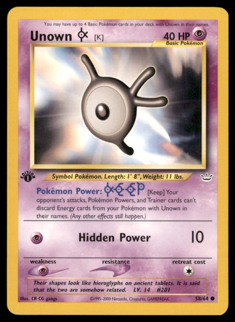 Unown [K] 58/64 Neo Revelation Pokemon Card 1st Edition: We offer combined shipping on multiple items. Buyers may also arrange their own shipping. LiveShipping is a separate and independent option for shipping that is NOT a part of the auction house or thei