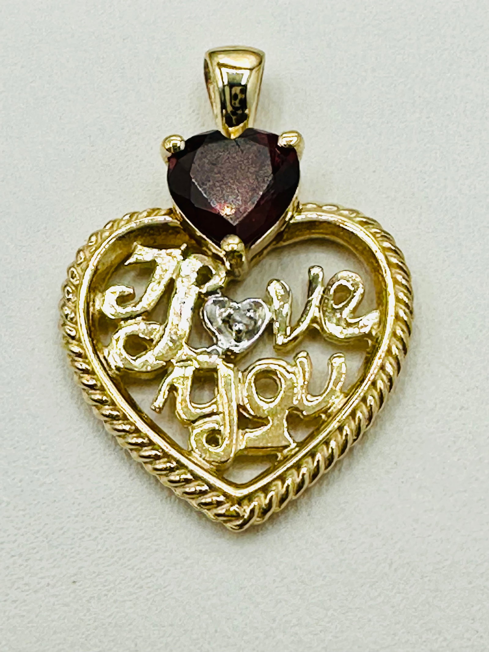 10KT Yellow Gold Garnet Pendant “ I love You “ # 2420 (1 of 4)