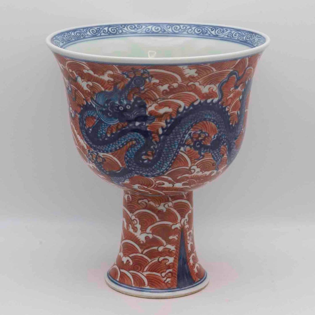 Antique Chinese Xuande Mark Doucai Style Porcelain Dragon Stem Bowl: Medium: Porcelain Size: 7x7x7.6 inches Age/Detail: Antique Chinese Xuande Mark Doucai Style Condition: great overall, check photo for condition reference. Provenance: Collection from Estate in William