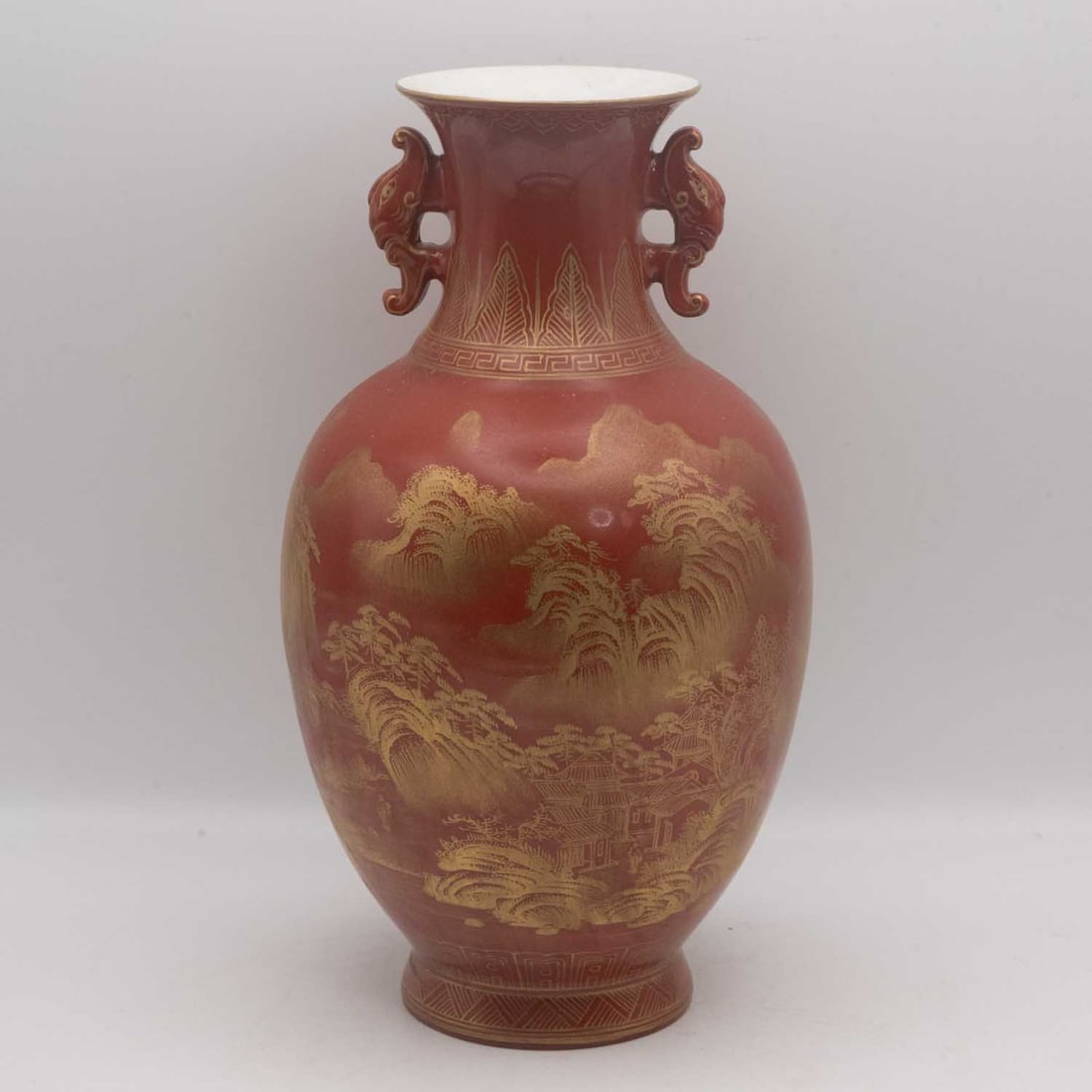 Old Chinese Yongzheng Mark Red & Gilt Porcelain Landscape Vase With Elephant Handles: Medium: Red & Gilt Porcelain Size: 5x5x9 inches Age/Detail: Old Chinese Yongzheng Mark Condition: great overall, check photo for condition reference. Provenance: Collection from Estate in Williamsburg
