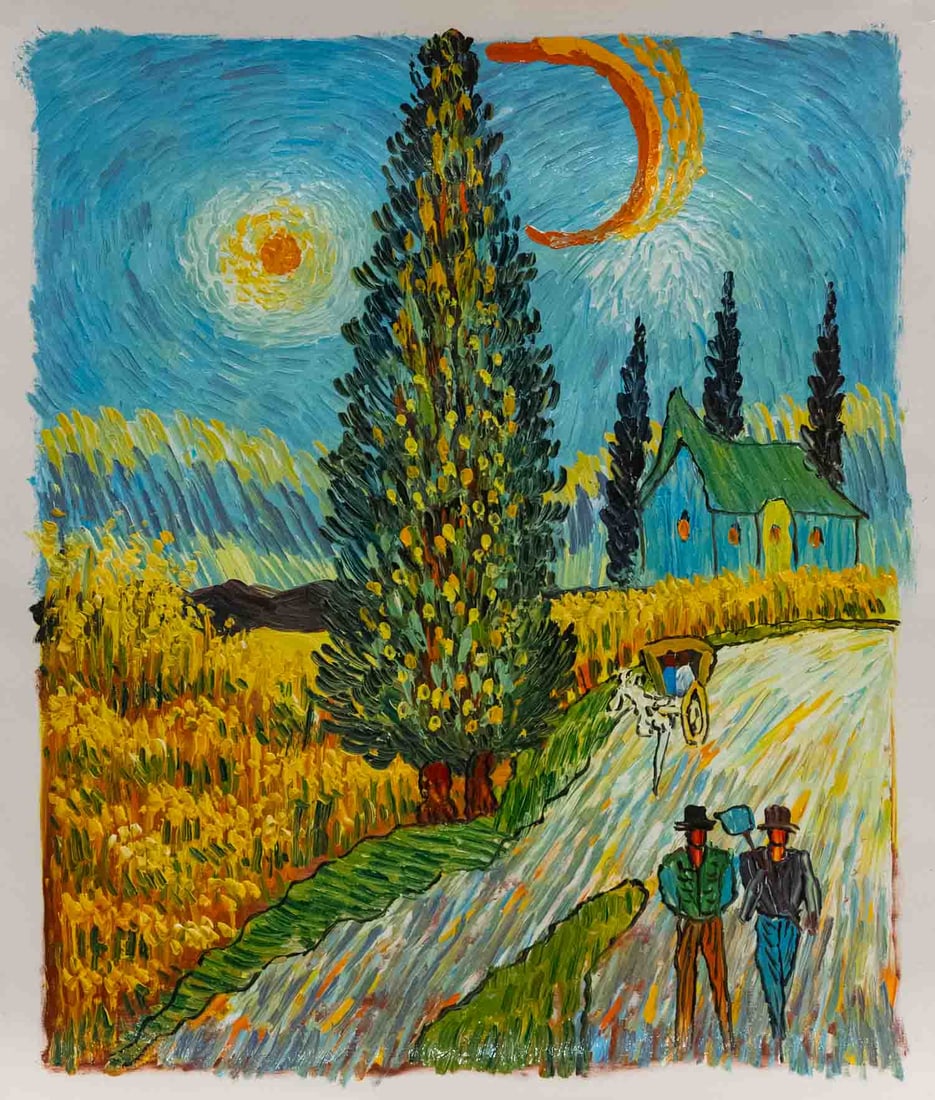 After Van Gogh Acrylic On Canvas "Road With Cypress And Star": Title: Road With Cypress And Star Medium: Acrylic On Canvas Size: 24 x 20 inches Condition: Great, hand painted, please check photo for condition reference Provenance: Private Estate in Jamaica Combin