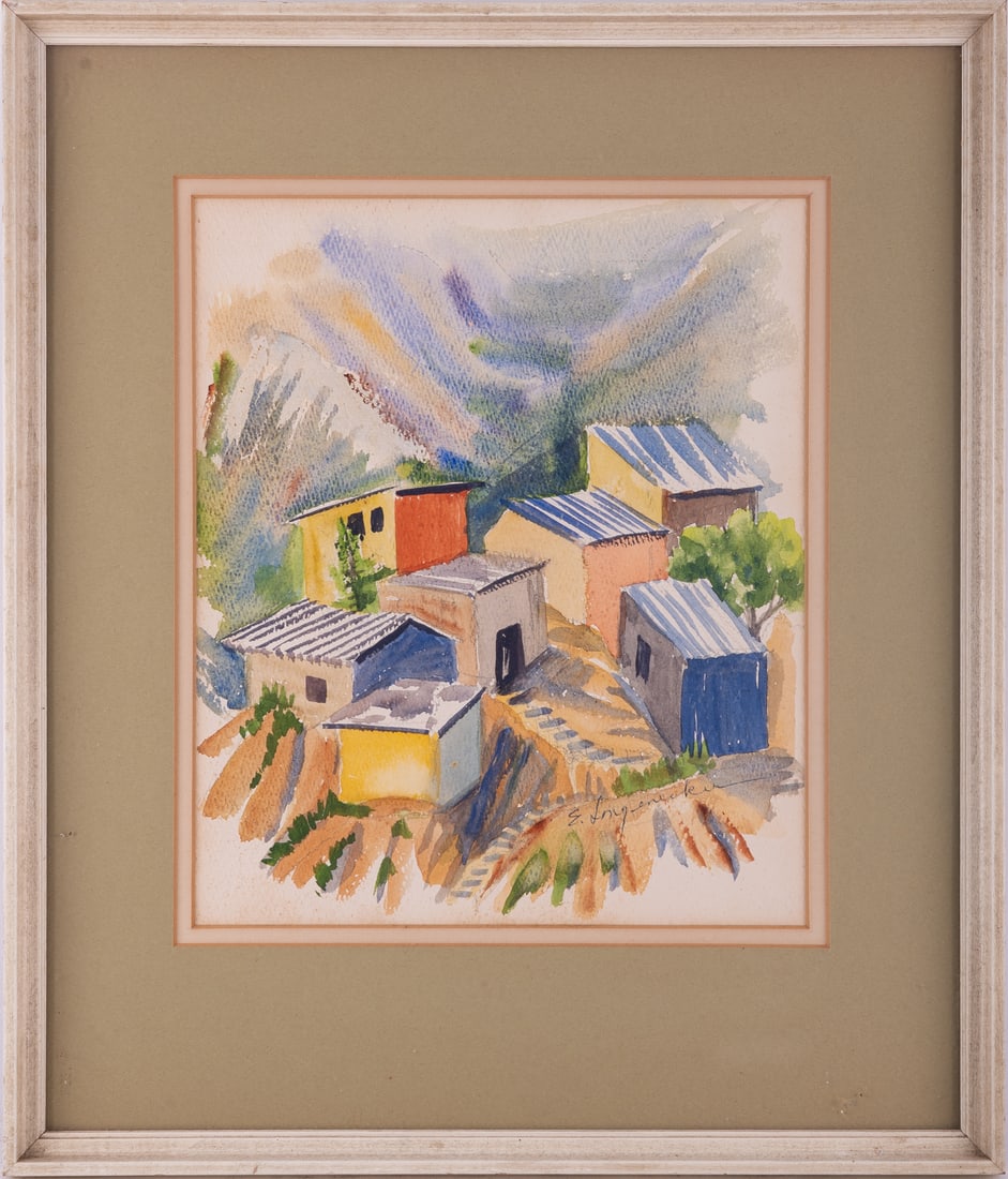 VIntage Modernist Watercolor On Paper "Village Scene": Title: Village Scene Medium: Watercolor On Paper Size: 10 x 8 inches Frame: 15 x 13 inches Age: VIntage Condition: painting is in excellent condiiton. no damage is observed. Signature: Signed lower ri