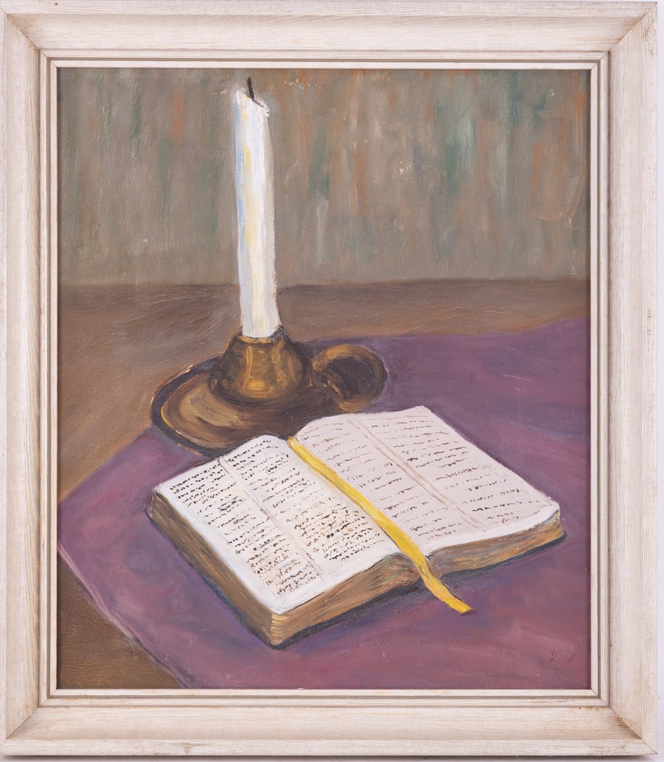 Early 20th Century Realist Oil On Canvas "Book And Candle": Title: Book And Candle Medium: Oil On Canvas Size: 13.5 x 11.5 inches Frame: 16.5 x 13.5 inches Age: Early 20th Century Condition: Good Overall Condition. shows signs of age. Signature: Unsigned Prove