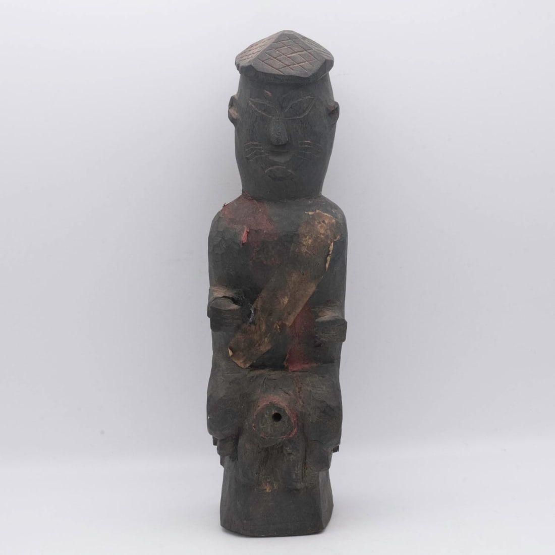 Antique Chinese Painted Wood Guardian Figure, 10 in.: Medium: Painted Wood Size: 2.8x2.8x10 inches Age/Detail: Antique Chinese Condition: great overall, check photo for condition reference. Provenance: Collection from Estate in Williamsburg LiveShipping 