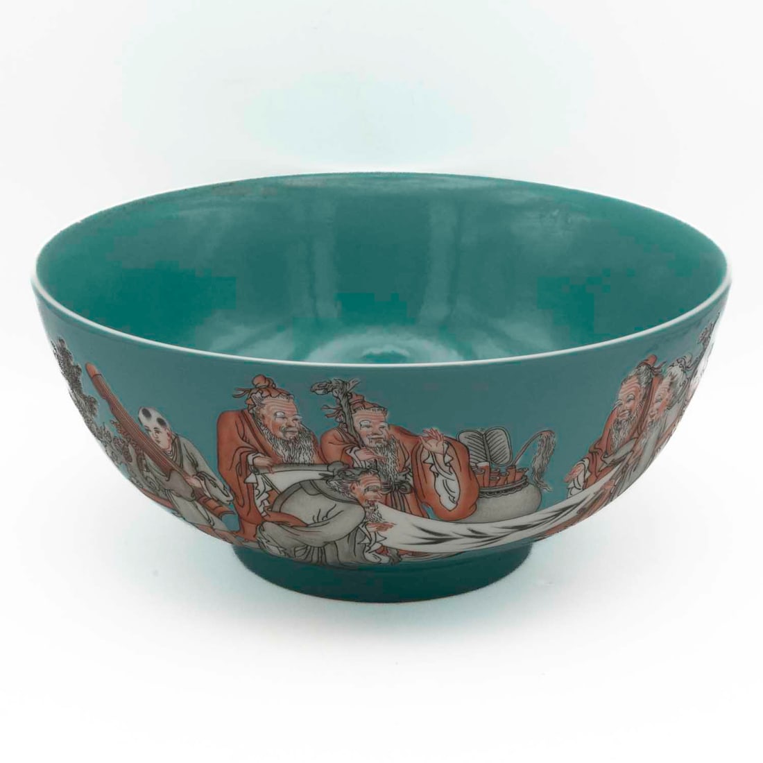 Antique Chinese Yongzheng Mark Turquoise Ground Famille Rose Porcelain Figural Bowl: Medium: Turquoise Ground Famille Rose Porcelain Size: 8.5x8.5x4 inches Age/Detail: Antique Chinese Yongzheng Mark Condition: great overall, check photo for condition reference. Provenance: Collection 