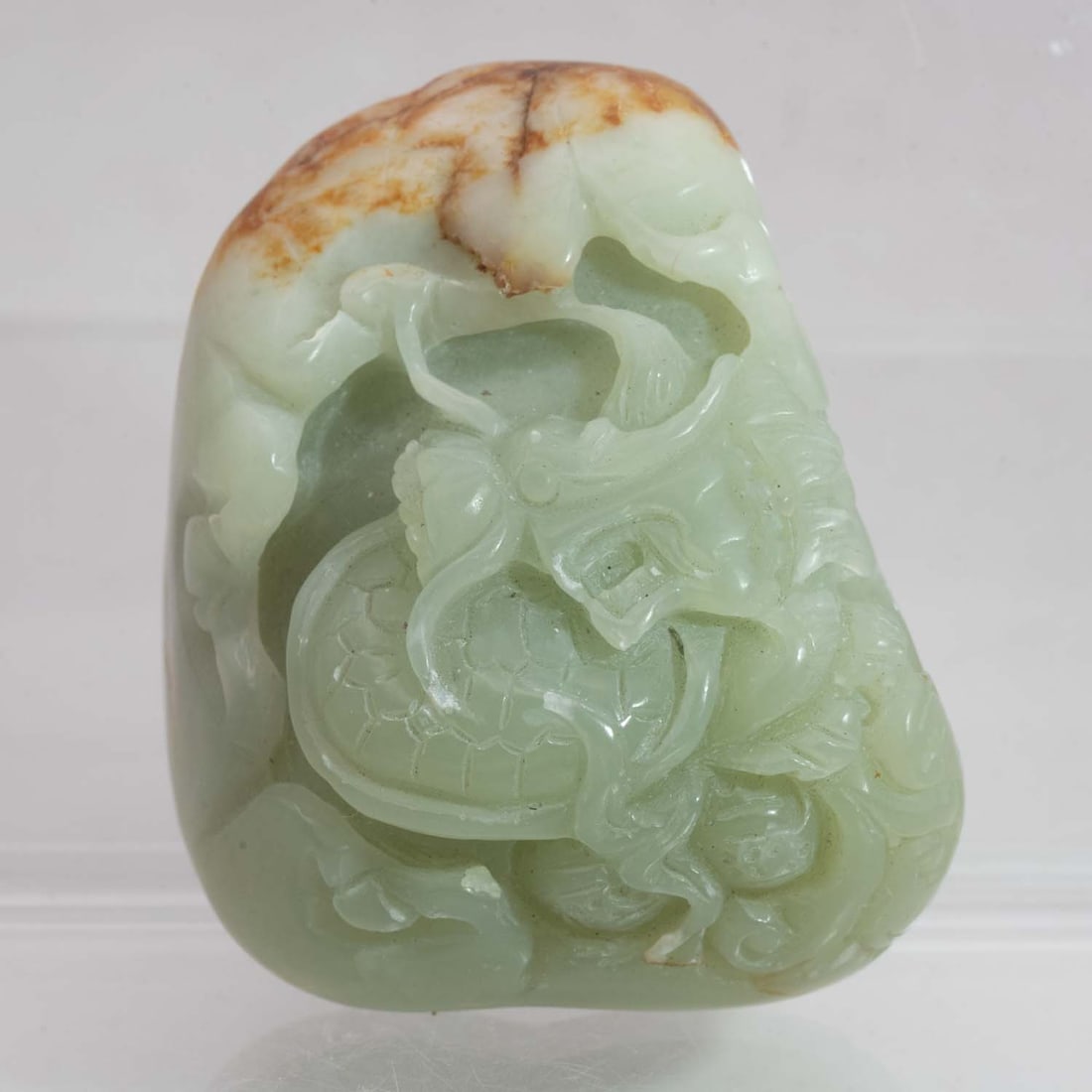 Old Chinese Carved Translucent Nephrite Green Jade Turtle Dragon Figure: Medium: Translucent Nephrite Green Jade Size: 2.5x2x1.3 inches Age/Detail: Old Chinese Carved Condition: great overall, check photo for condition reference. Provenance: Collection from Estate in Willi