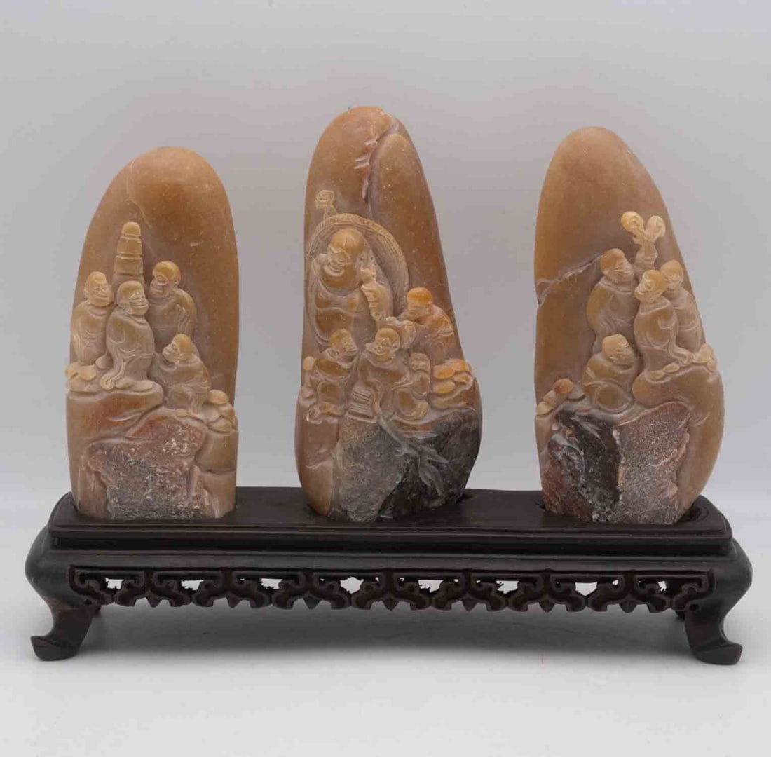 Chinese Carved Shoushan Stone Buddha And Monks Sculptures: Medium: Shoushan Stone Size: 8.3x2.5x6.5 inches Age/Detail: Chinese Carved Condition: great overall, check photo for condition reference. Provenance: Collection from Estate in Tribecca LiveShipping is