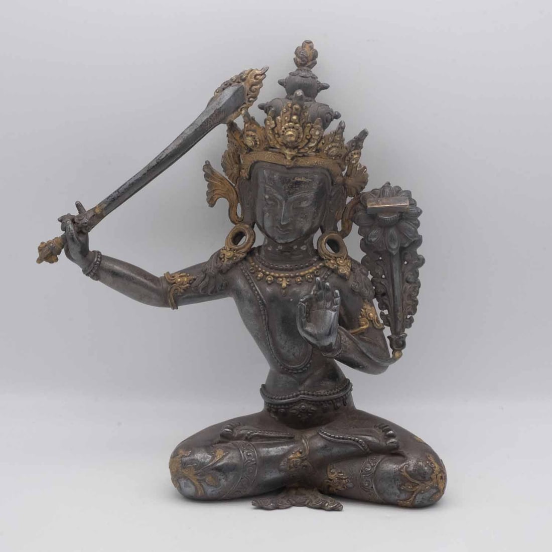Antique Chinese Tibetan Gilt Bronze Manjushri Sculpture: Medium: Gilt Bronze Size: 9x4x9.5 inches Age/Detail: Antique Chinese Tibetan Condition: great overall, check photo for condition reference. Provenance: Collection from Estate in Williamsburg LiveShipp