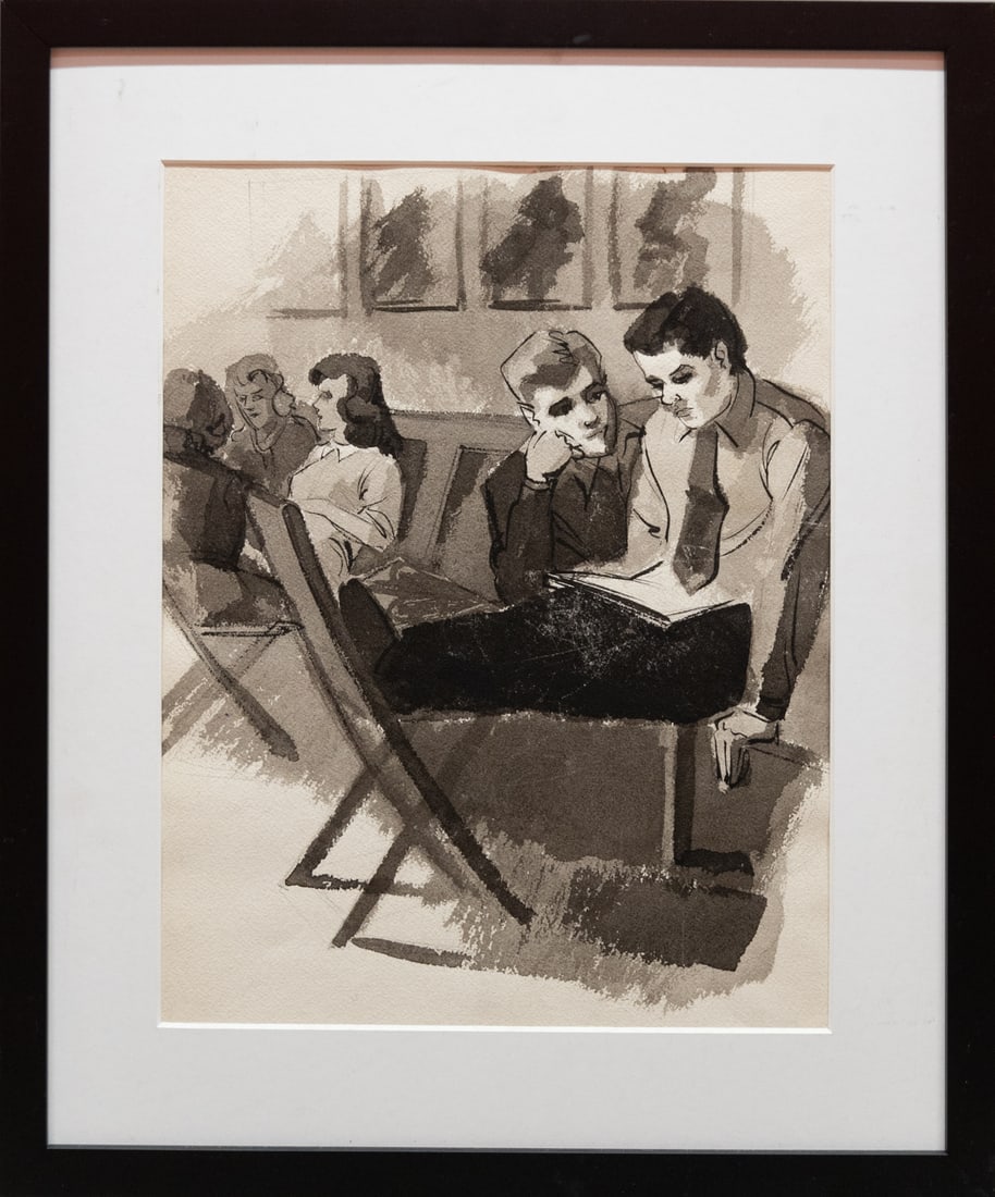 Vintage Modernist Ink On Paper "Lounge View": Title: Lounge View Medium: Ink On Paper Size: 13.5 x 10.5 inches Frame: 18.5 x 16.5 inches Age: Vintage Condition: Great Overall All Signature: None Provenance: Combined shipping rate available. For a