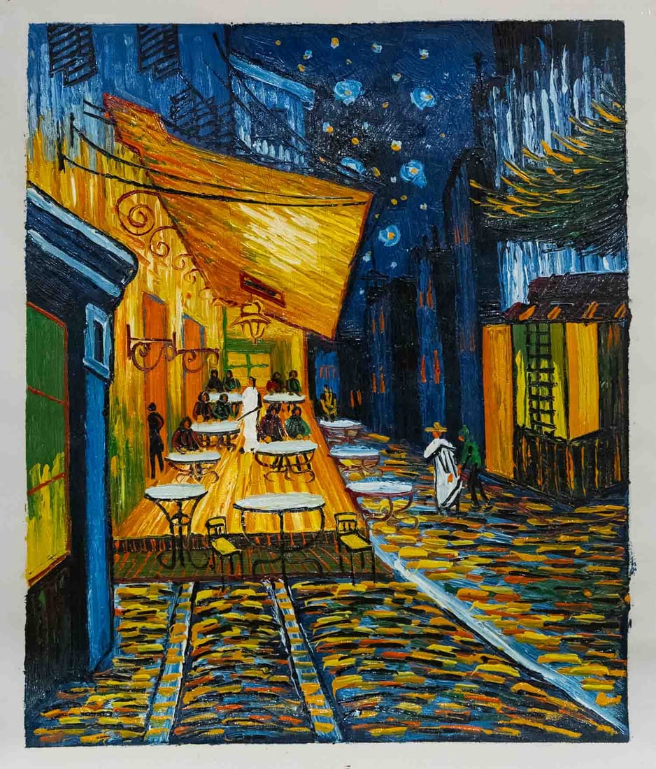 After Van Gogh Acrylic On Canvas "Cafe Terrace At Night""": Title: Cafe Terrace At Night Medium: Acrylic On Canvas Size: 24 x 20 inches Please Note: This artwork is unstretched Detail: Condition: Great, hand painted, please check photo for condition reference 
