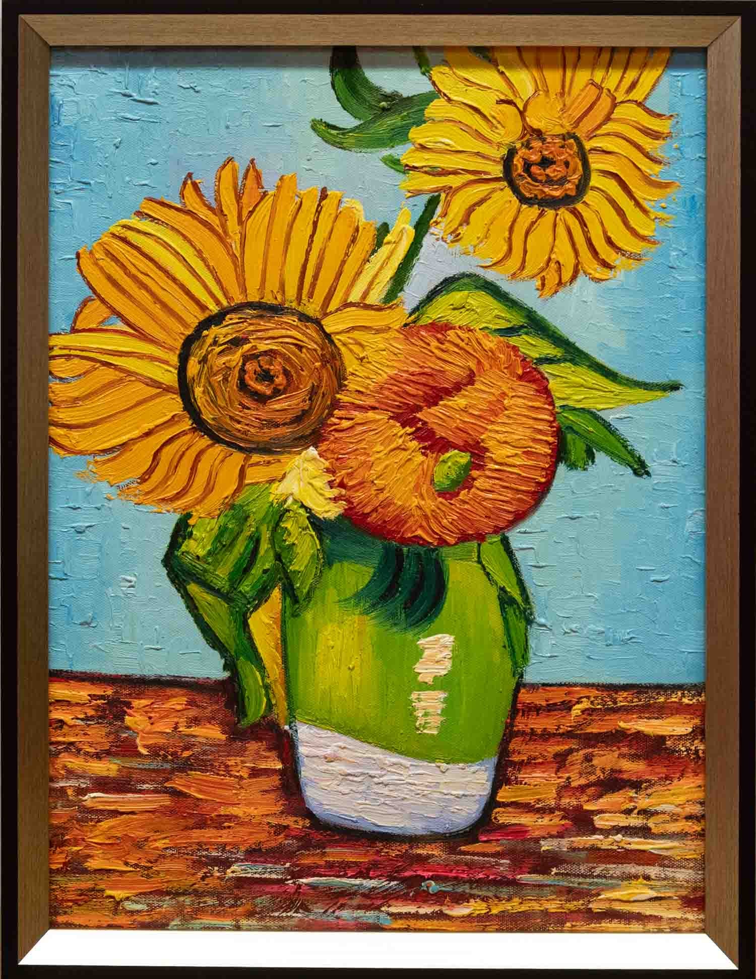 After Van Gogh Acrylic On Canvas "Sunflower 2""": Title: Sunflower 2 Medium: Acrylic On Canvas Size: 16 x 12 inches Frame: 17 x 13 inches Age: Condition: Great, hand painted, please check photo for condition reference Provenance: Combined shipping ra