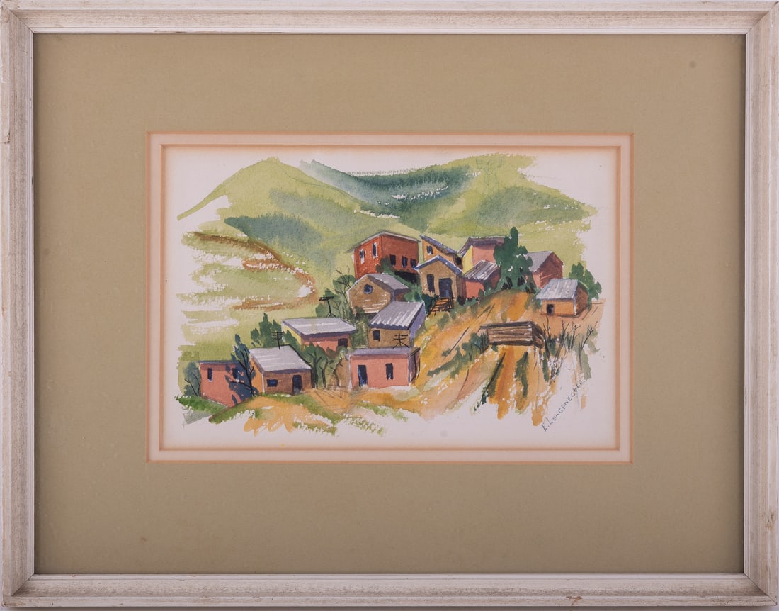 VIntage Modernist Watercolor On Paper "Village Landscape""": Title: Village Landscape Medium: Watercolor On Paper Size: 5.5 x 8.5 inches Frame: 11 x 14 inches Age: VIntage Condition: painting is in excellent condiiton. no damage is observed. Signature: Signed l