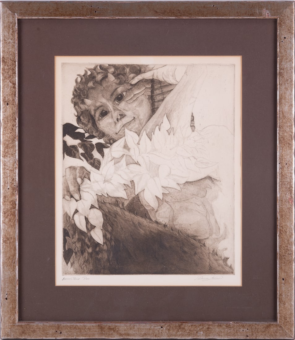 Artist Proof Modernist Etching On Paper "Pan""": Title: Pan Medium: Etching On Paper Size: 13 x 10.5 inches Frame: 19 x 16.5 inches Age: Artist Proof Condition: Item is in excellent condition. Signature: Pencil Signed, Artist Proof Artist: Dianne Le