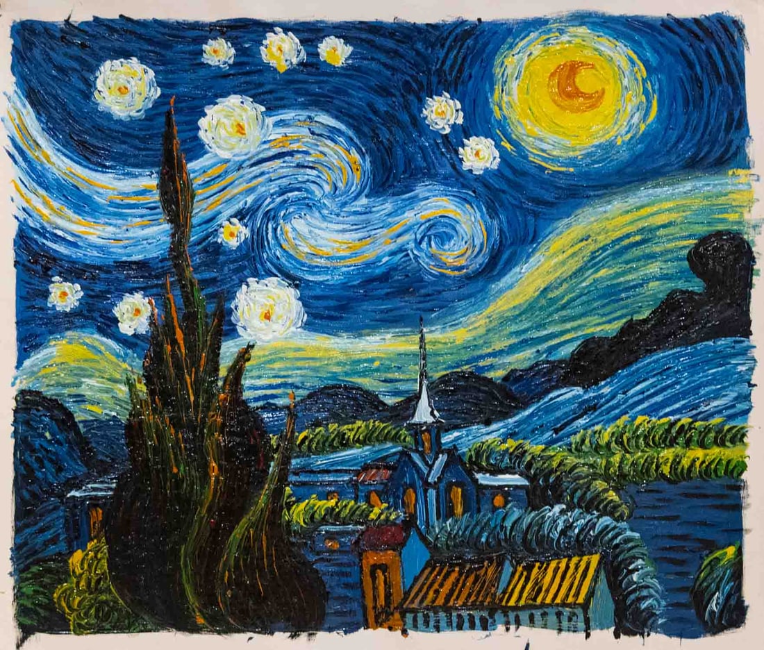 After Van Gogh Acrylic On Canvas "Starry Night""": Title: Starry Night Medium: Acrylic On Canvas Size: 24 x 20 inches Please Note: This artwork is unstretched Detail: Condition: Great, hand painted, please check photo for condition reference Signature