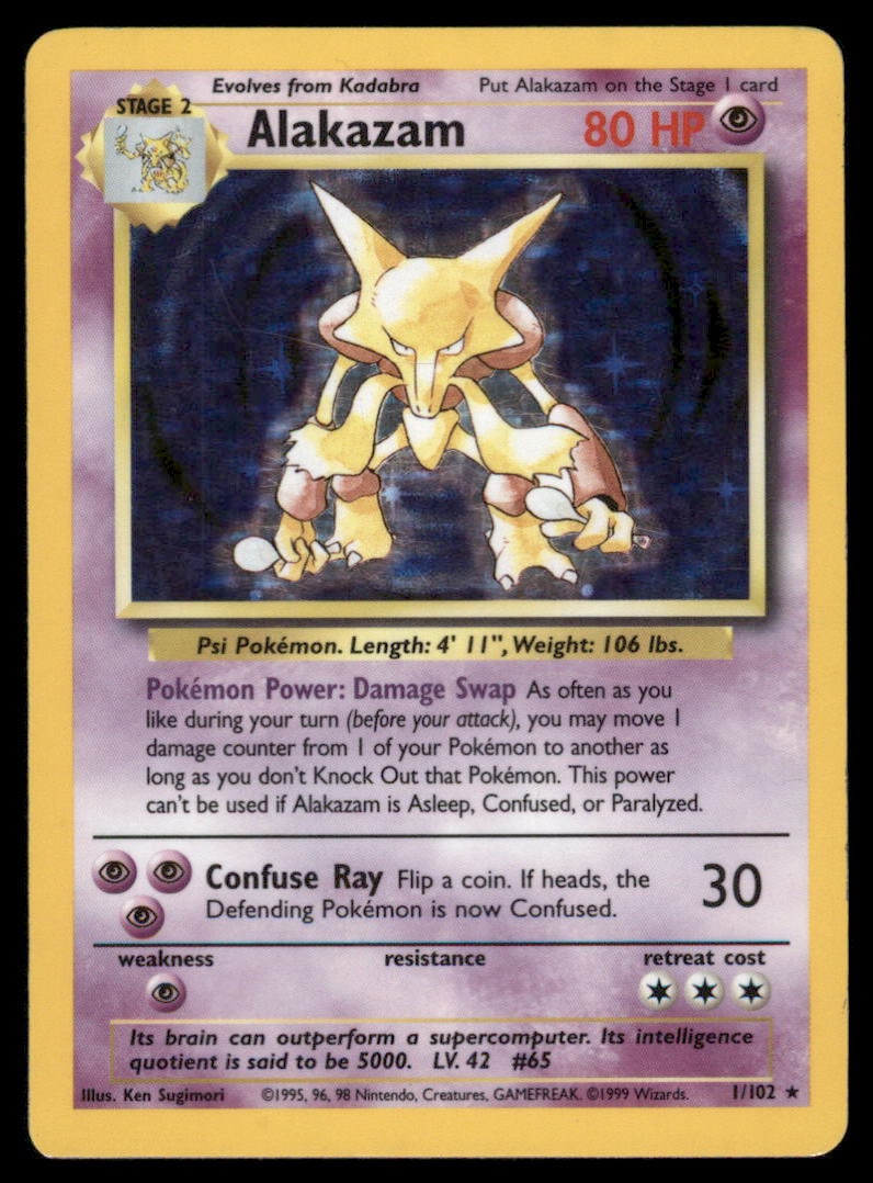 Alakazam 1/102 Holo Base Set Unlimited Pokemon Card (1 of 2)