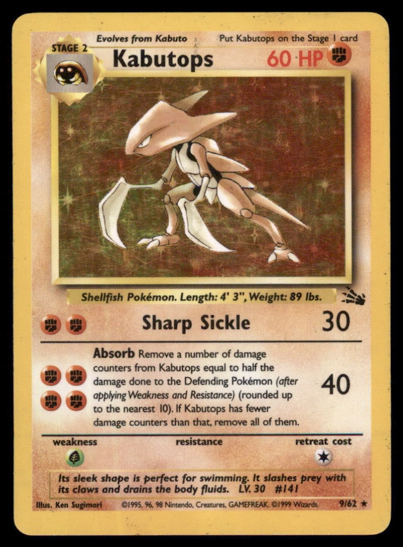 Kabutops 9/62 Fossil Pokemon Card Unlimited Holo: We offer combined shipping on multiple items. Buyers may also arrange their own shipping. LiveShipping is a separate and independent option for shipping that is NOT a part of the auction house or thei