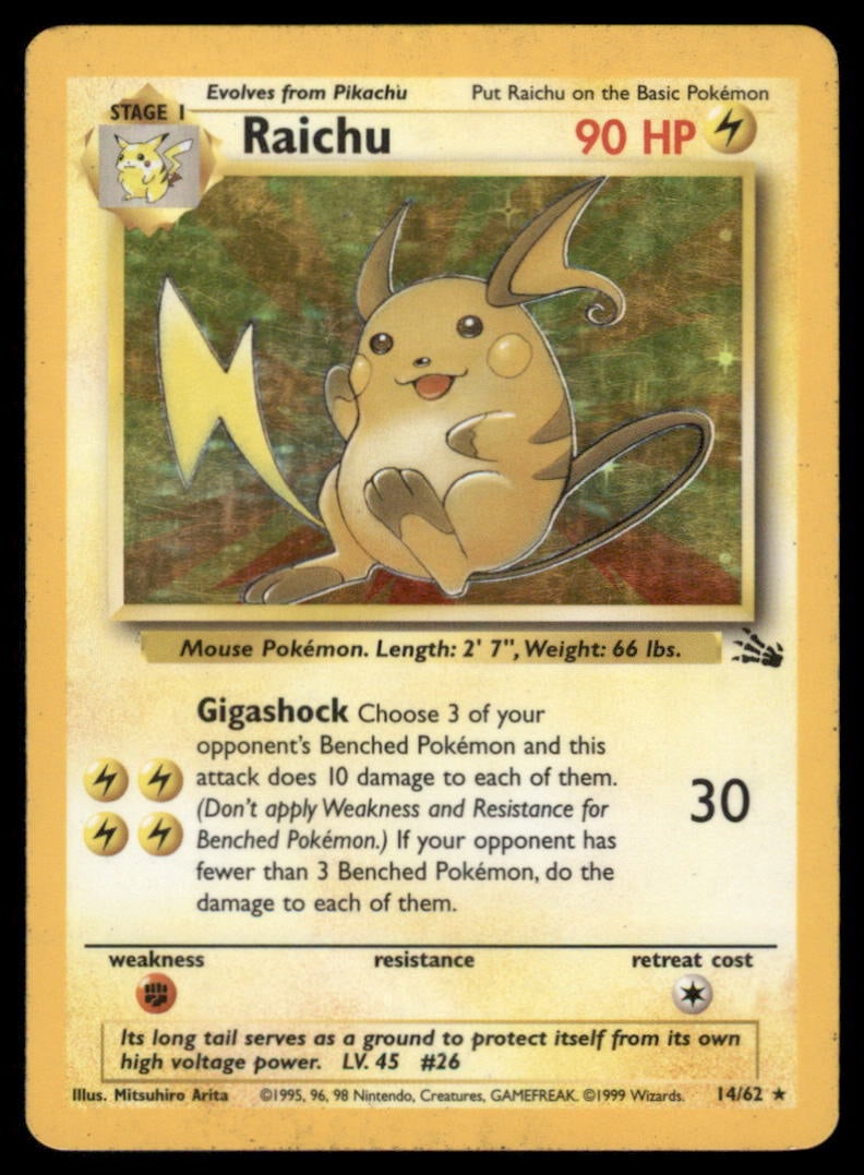 Raichu 14/62 Fossil Pokemon Card Unlimited Holo: We offer combined shipping on multiple items. Buyers may also arrange their own shipping. LiveShipping is a separate and independent option for shipping that is NOT a part of the auction house or thei