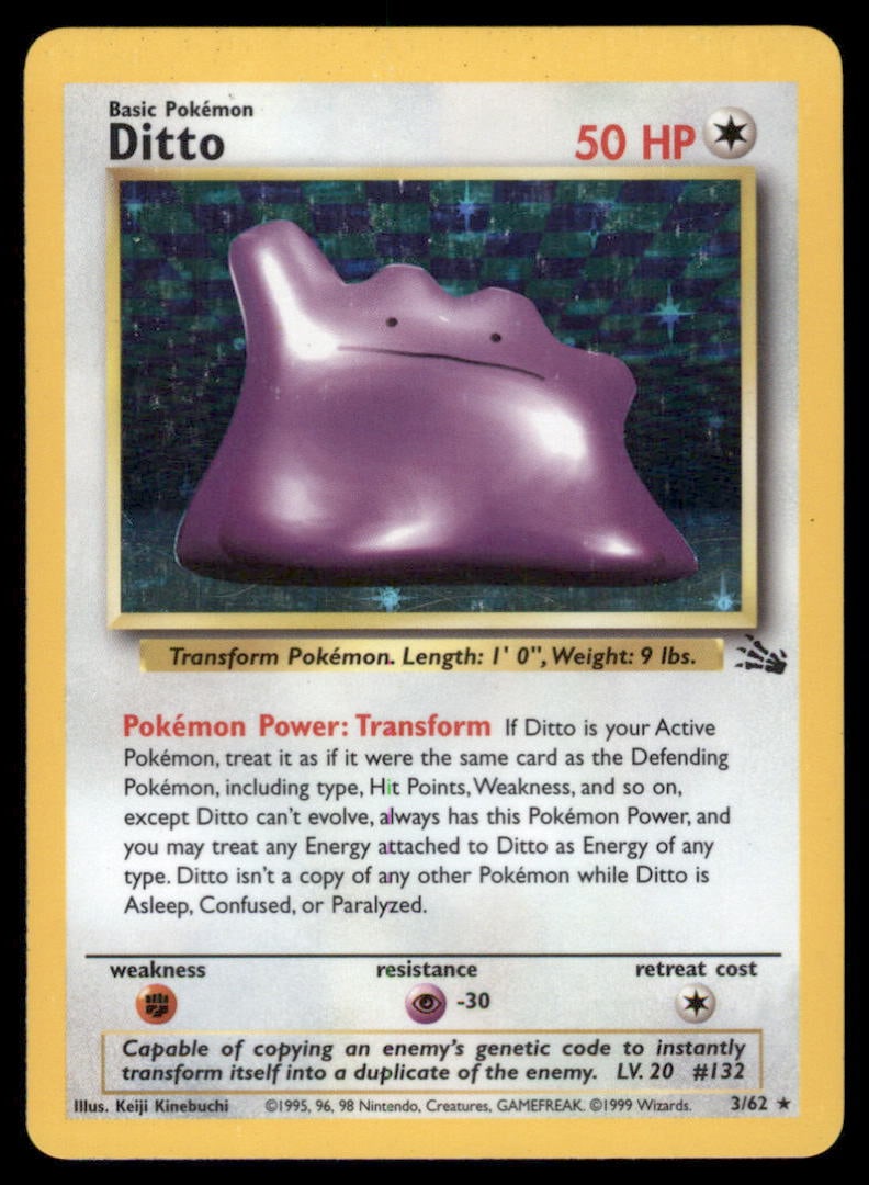 Ditto 3/62 Fossil Pokemon Card Unlimited Holo: We offer combined shipping on multiple items. Buyers may also arrange their own shipping. LiveShipping is a separate and independent option for shipping that is NOT a part of the auction house or thei