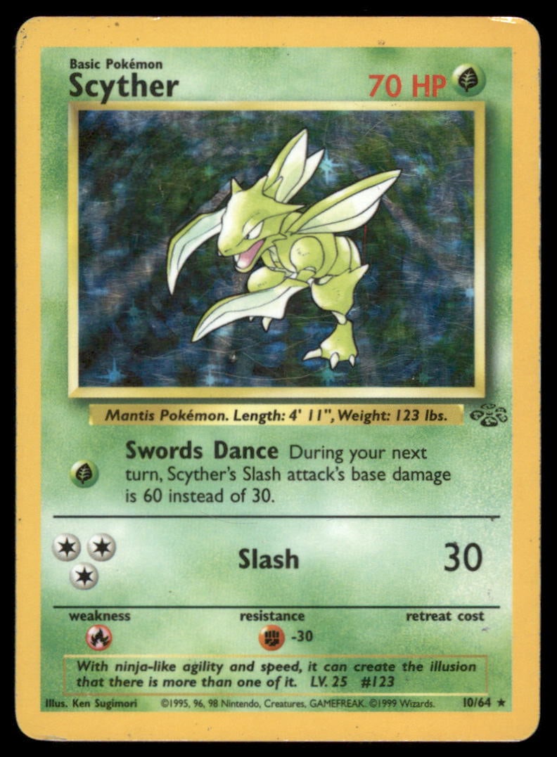 Scyther 10/64 Jungle Pokemon Card Unlimited Holo: We offer combined shipping on multiple items. Buyers may also arrange their own shipping. LiveShipping is a separate and independent option for shipping that is NOT a part of the auction house or thei