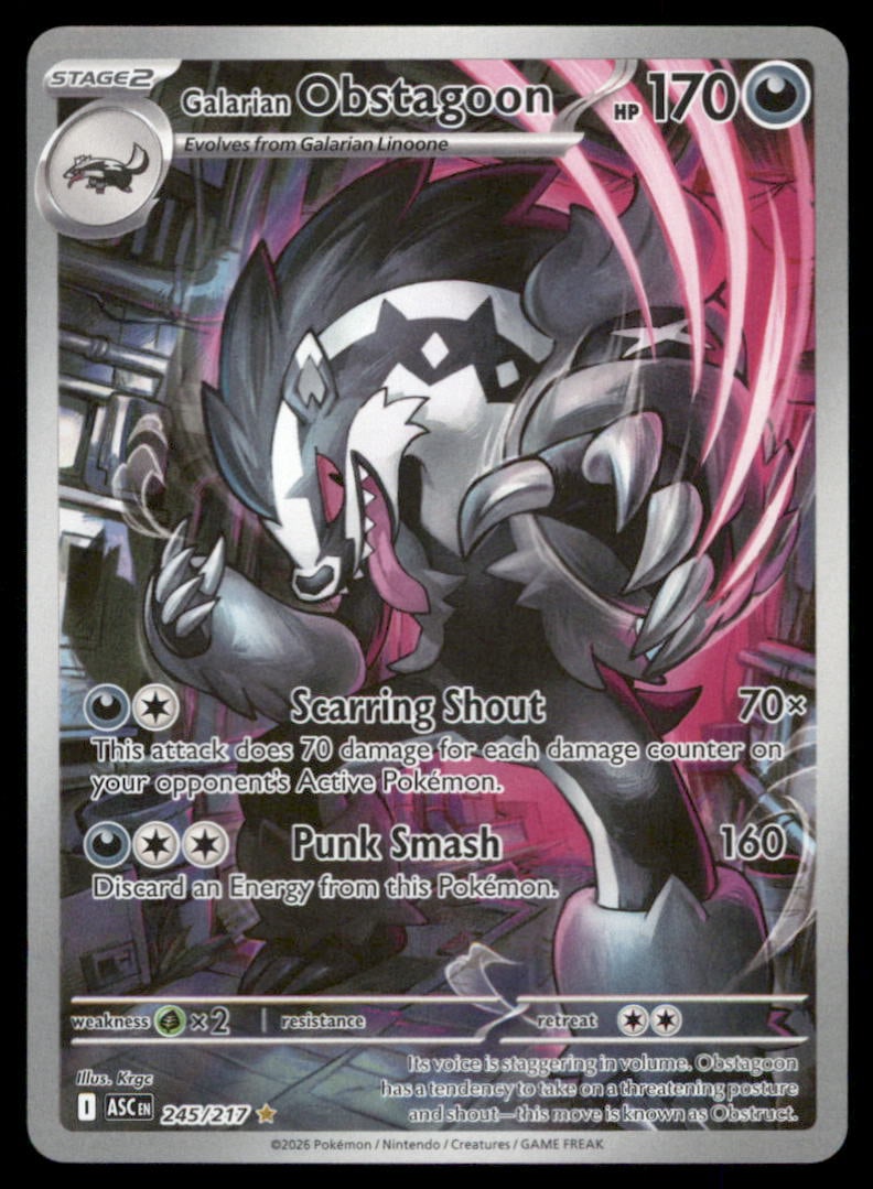 Galarian Obstagoon 245/217 Ascended Heroes Pokemon Card Holo: We offer combined shipping on multiple items. Buyers may also arrange their own shipping. LiveShipping is a separate and independent option for shipping that is NOT a part of the auction house or thei