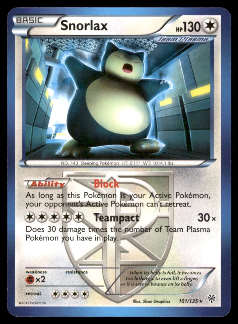 Snorlax 101/135 Plasma Storm Pokemon Card (1 of 2)