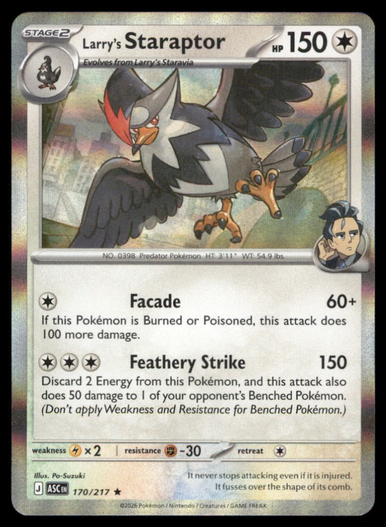 Larry's Staraptor 170/217 Ascended Heroes Pokemon Card Holo: We offer combined shipping on multiple items. Buyers may also arrange their own shipping. LiveShipping is a separate and independent option for shipping that is NOT a part of the auction house or thei