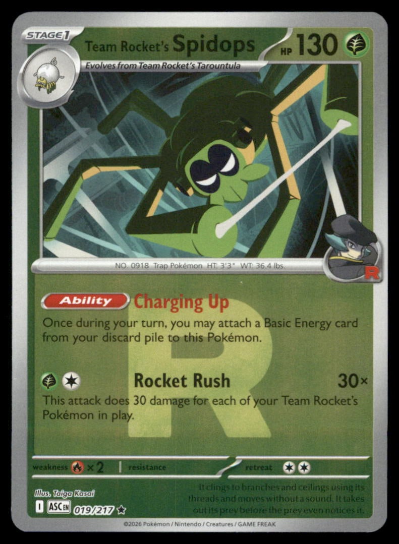 Team Rocket's Spidops Team Rocket 019/217 Ascended Heroes Pokemon Card Reverse Holo: We offer combined shipping on multiple items. Buyers may also arrange their own shipping. LiveShipping is a separate and independent option for shipping that is NOT a part of the auction house or thei