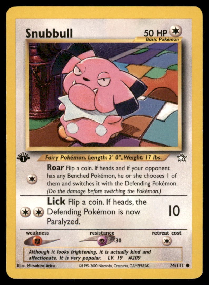 Snubbull 74/111 Neo Genesis Pokemon Card 1st Edition: We offer combined shipping on multiple items. Buyers may also arrange their own shipping. LiveShipping is a separate and independent option for shipping that is NOT a part of the auction house or thei