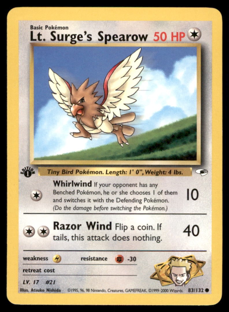 Lt. Surge's Spearow 83/132 Gym Heroes Pokemon Card 1st Edition: We offer combined shipping on multiple items. Buyers may also arrange their own shipping. LiveShipping is a separate and independent option for shipping that is NOT a part of the auction house or thei