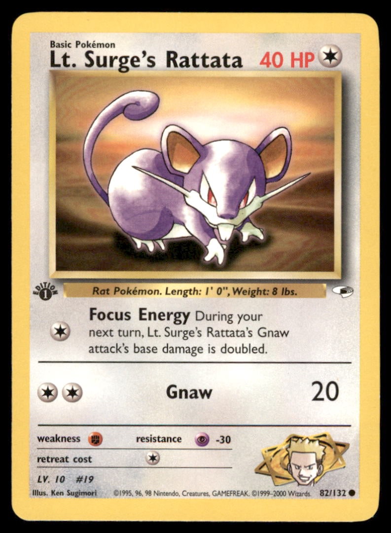 Lt. Surge's Rattata 82/132 Gym Heroes Pokemon Card 1st Edition: We offer combined shipping on multiple items. Buyers may also arrange their own shipping. LiveShipping is a separate and independent option for shipping that is NOT a part of the auction house or thei