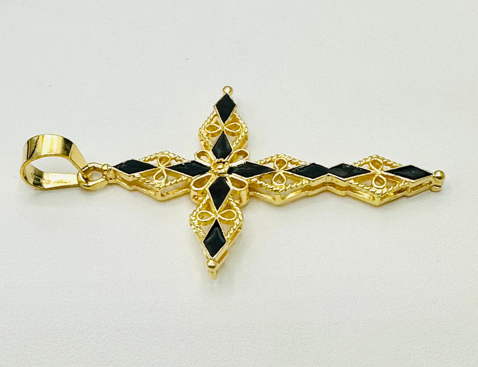 18KT Yellow Gold Cross Pendant with Enamel # 2564: # 2564 18KT Yellow Gold Cross Pendant with Enamel Pendant Weight: 5.60 grams (t.w.) Pendant size: 57 mm X 33 mm