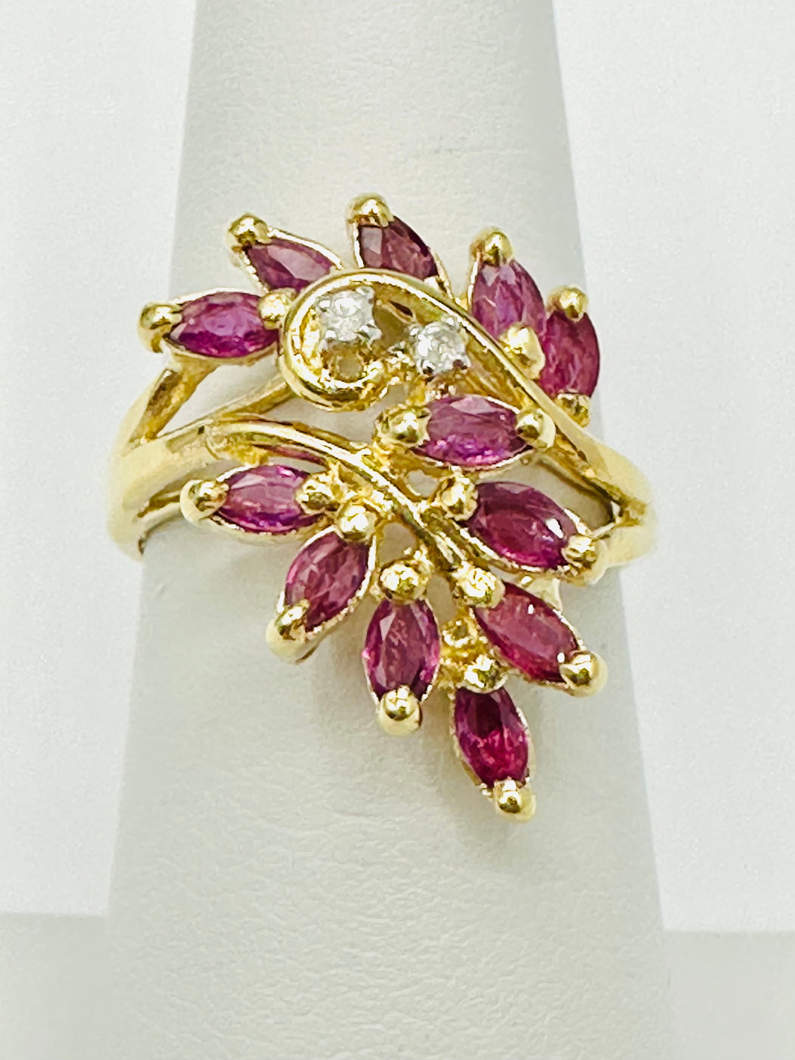 Natural Ruby and Diamond Ring,14KT Yellow Gold # 2658: # 2658 Natural Ruby and Diamond Ring,14KT Yellow Gold 2 pieces diamond 0.03 carat(t.w.) 12 pieces marquis ruby 0.95 carat(t.w.) Ring Weight: 4.70 grams(t.w.) Ring Size: 6.5