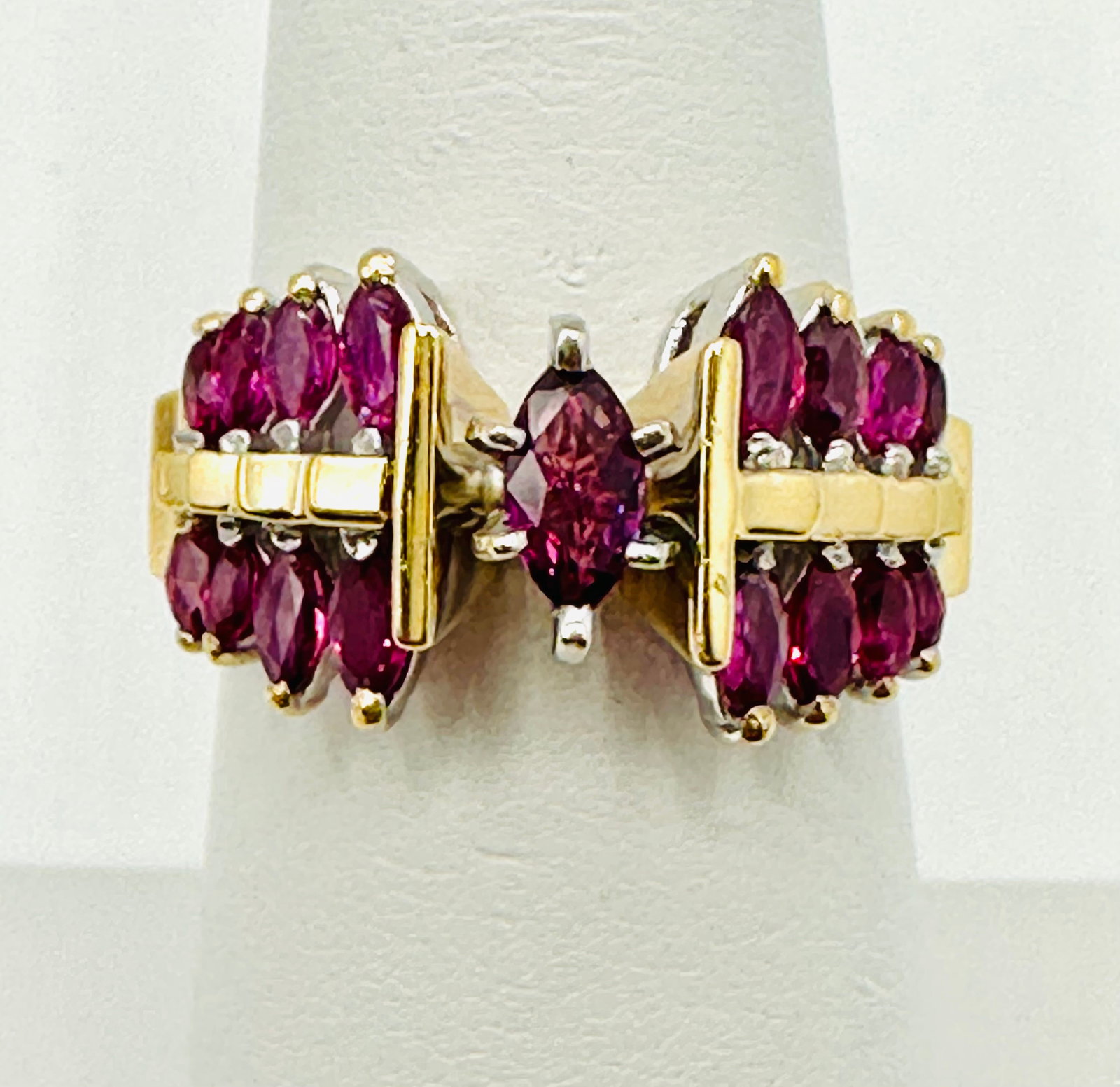 Natural Ruby Ring,14KT Yellow and White Gold # 2709: # 2709 Natural Ruby Ring,14KT Yellow and White Gold 17 pieces marquis ruby 1.00 carat(t.w.) Ring Weight: 5.80 grams(t.w.) Ring Size: 7