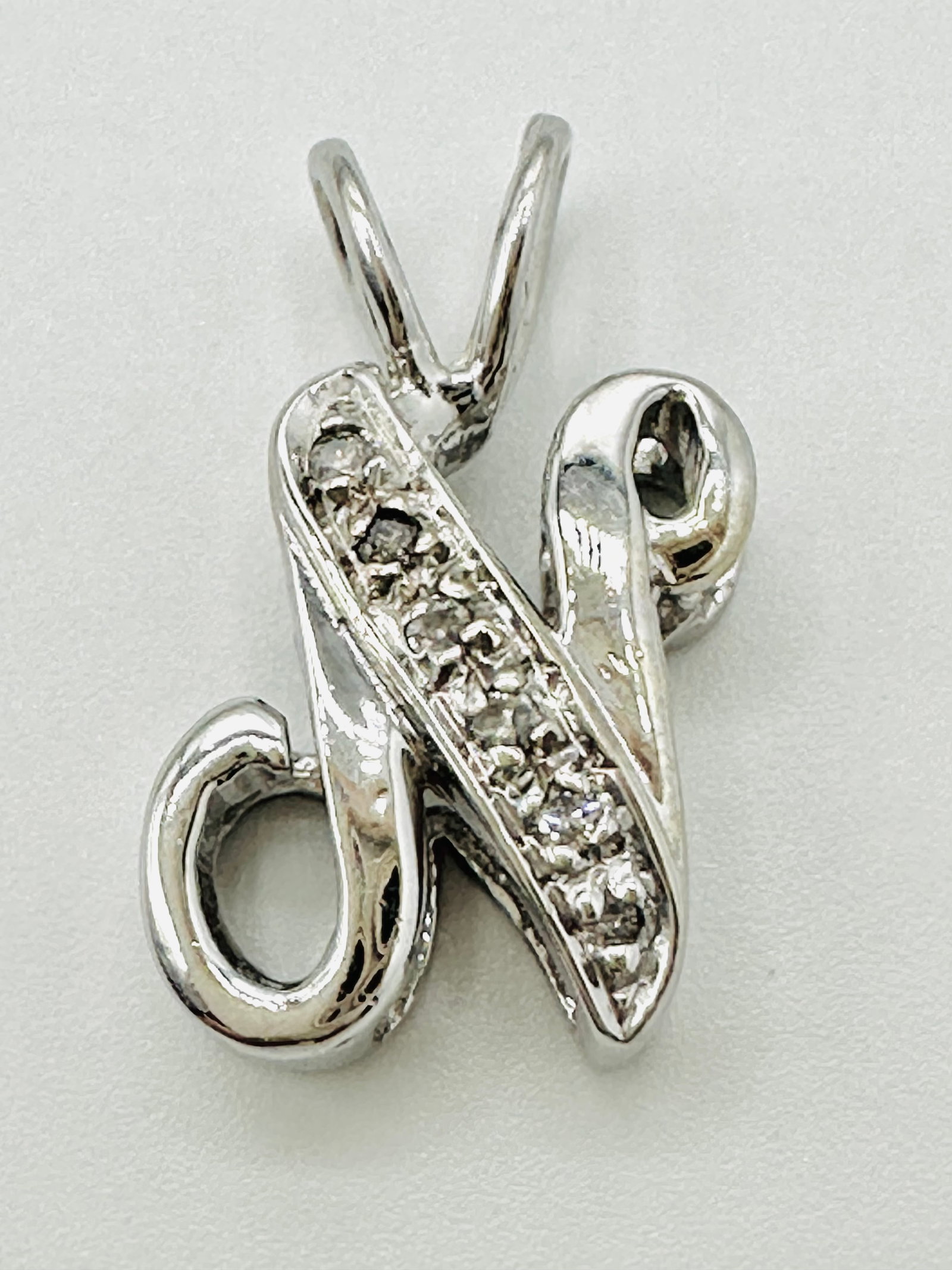 Natural Diamond Initial N Pendant, 14KT White Gold # 2800 (1 of 4)