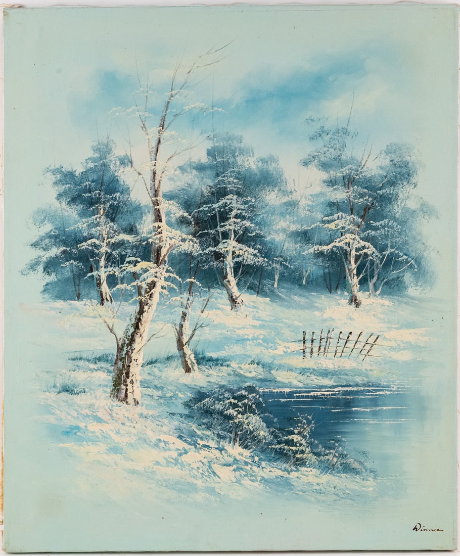 Vintage Scenic Oil On Canvas "Winter Lake": Title: Winter Lake Medium: Oil On Canvas Size: 20 x 24 inches Age: Vintage Condition: Great Overall All Signature: Signed Provenance: Collection From Glen Cove Combined shipping rate available. For af