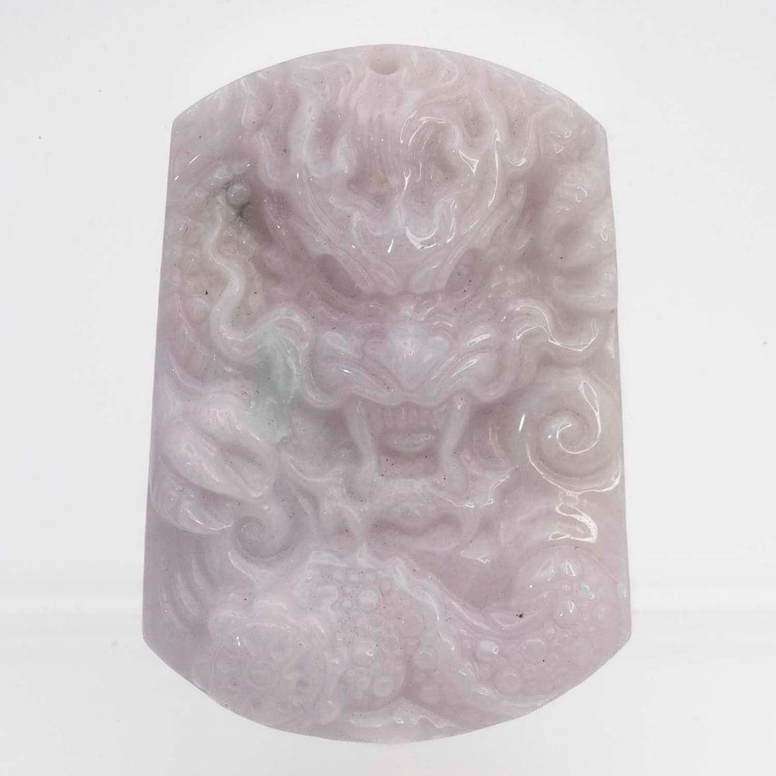Chinese Carved Natural Lavender Jadeite Dragon Plaque Pendant: Medium: Natural Lavender Jadeite Size: 1.5x2.2x0.5 inches Age/Detail: Chinese Carved Condition: great overall, check photo for condition reference. Provenance: Collection from Estate in Williamsburg L