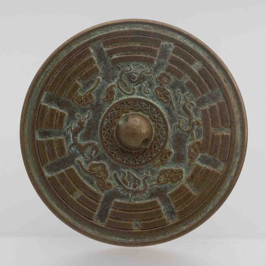Old Chinese Bronze Four God Beast Mirror: Medium: Bronze Size: 4Dx0.5 inches Age/Detail: Old Chinese Condition: Great, check photo for condition reference Provenance: Collection from Estate in Tribecca Please view all the photos as they are p