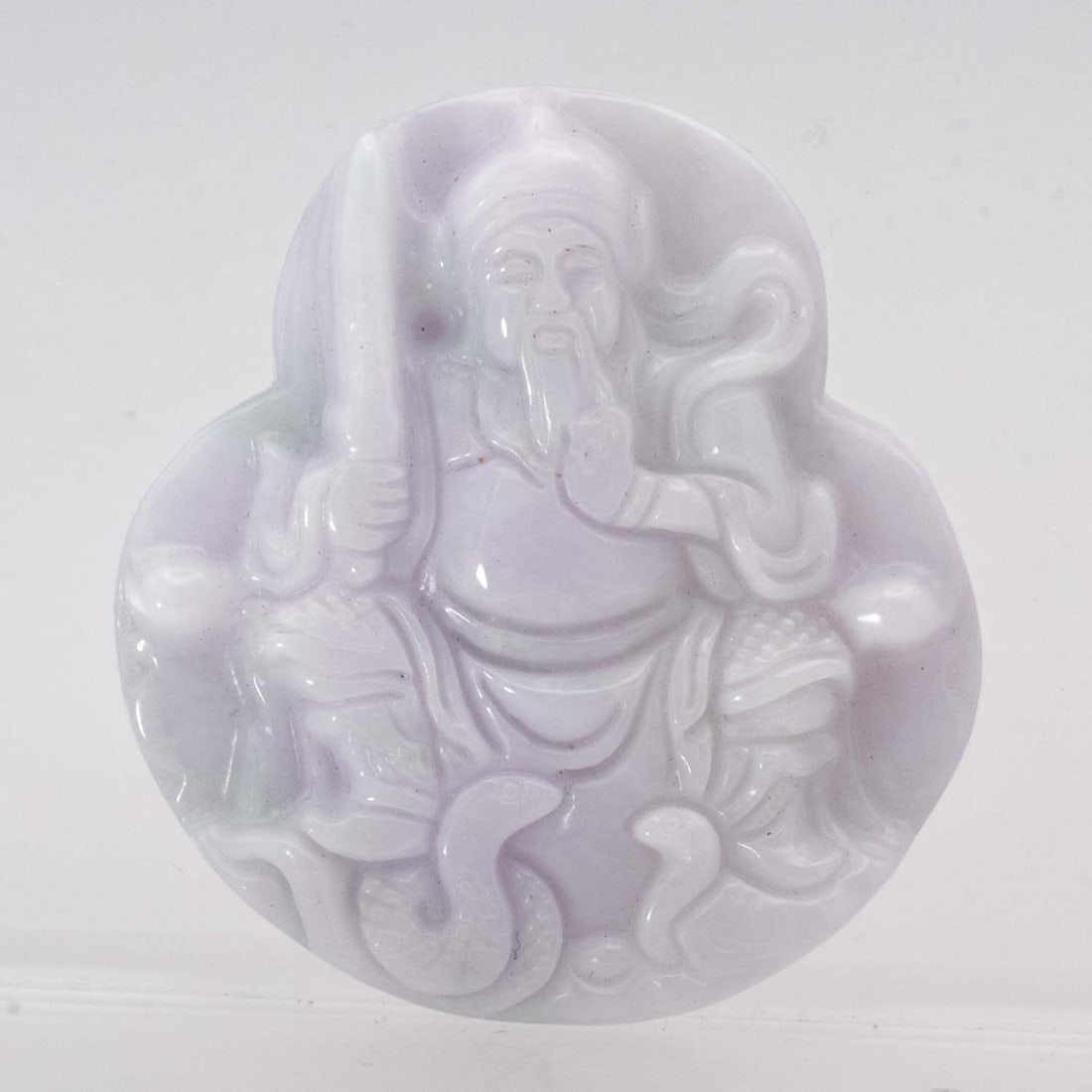 Chinese Carved Lavender Jadeite Zhenwu Pendant: Medium: Lavender Jadeite Size: 2x2.1x0.5 inches Age/Detail: Chinese Carved Condition: great overall, check photo for condition reference. Provenance: Collection from Estate in Williamsburg LiveShippin